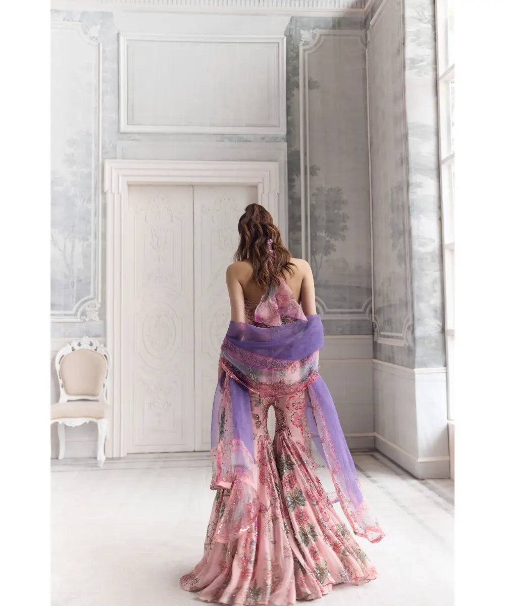 EMBROIDERED HALTER NECK TOP PAIRED WITH EMBROIDERED SHARARA AND DUPATTA - VIARA