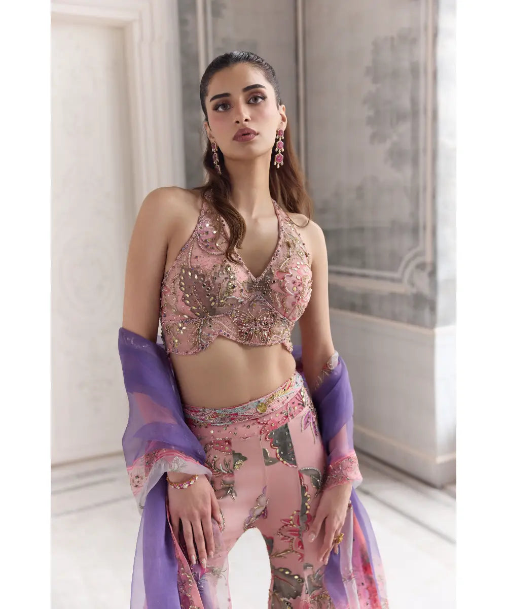 EMBROIDERED HALTER NECK TOP PAIRED WITH EMBROIDERED SHARARA AND DUPATTA - VIARA