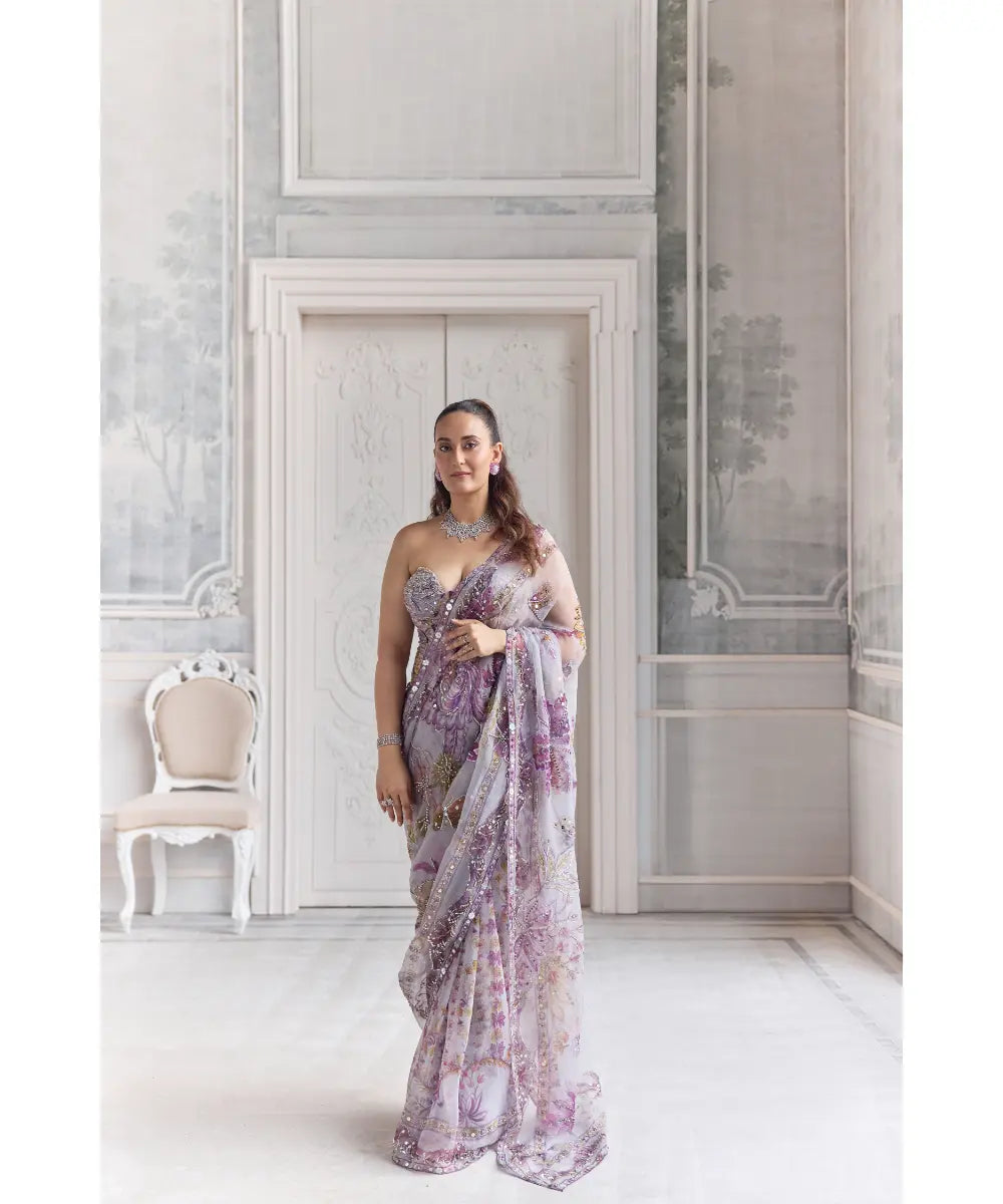 HEAVY EMBROIDERED CORSET TOP  PAIRED WITH EMBROIDERED PREDRAPED  SAREE - ZAHIRA