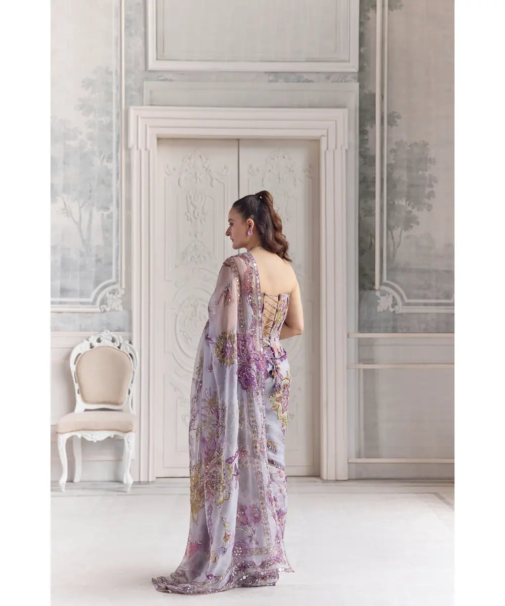 HEAVY EMBROIDERED CORSET TOP  PAIRED WITH EMBROIDERED PREDRAPED  SAREE - ZAHIRA