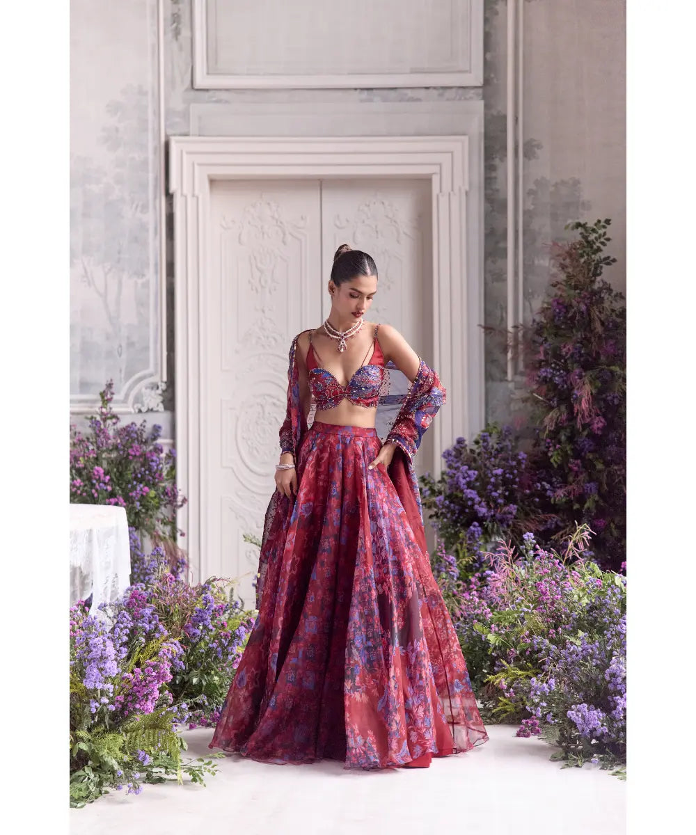 Red Embroidered Bralette Floral Lehenga - Zoya