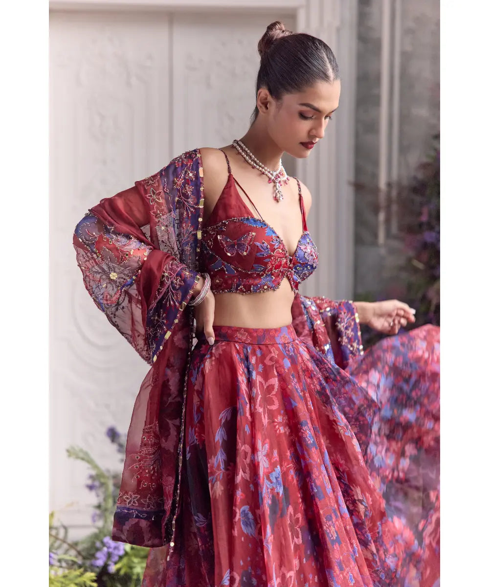 Red Embroidered Bralette Floral Lehenga - Zoya