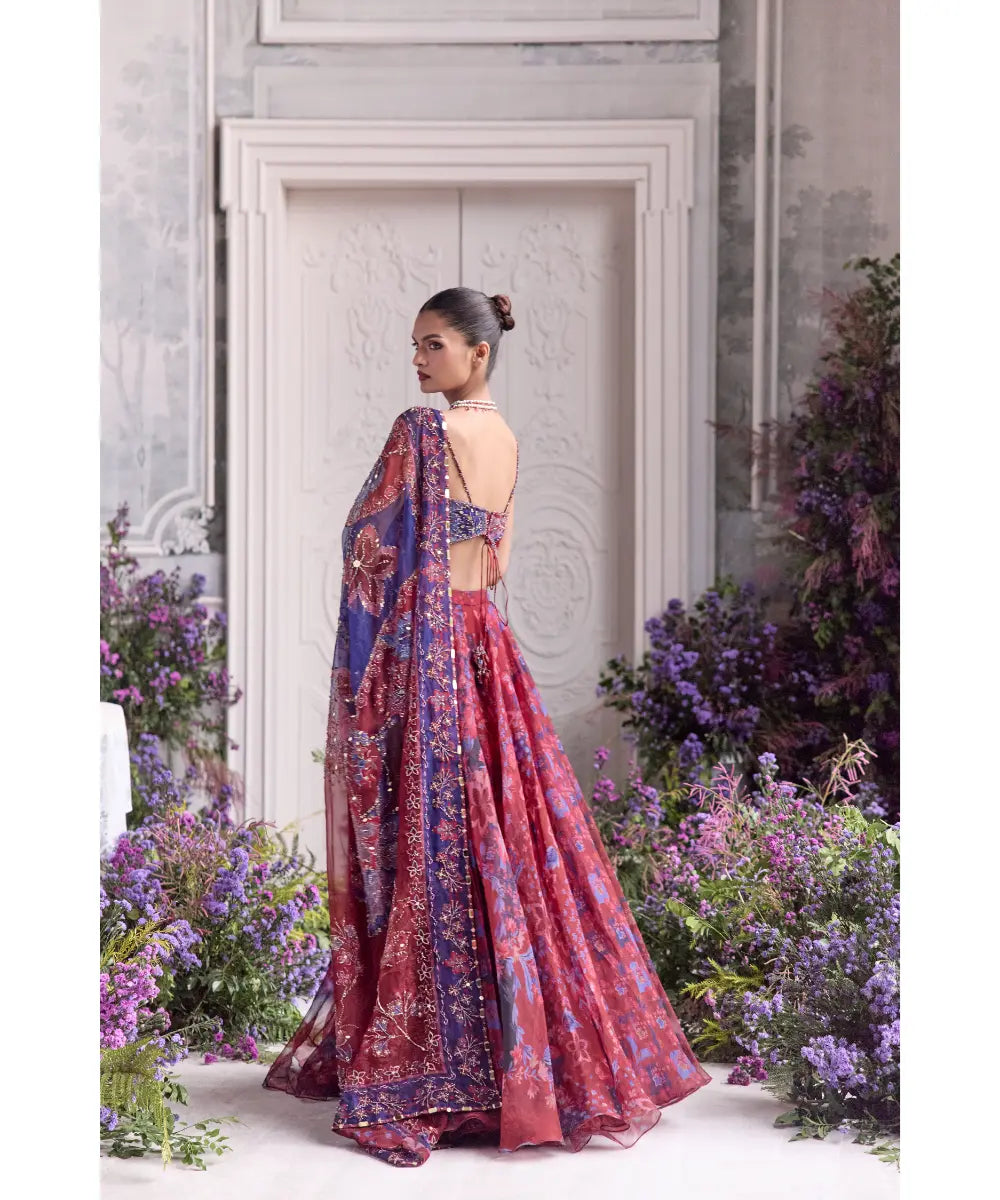 Red Embroidered Bralette Floral Lehenga - Zoya