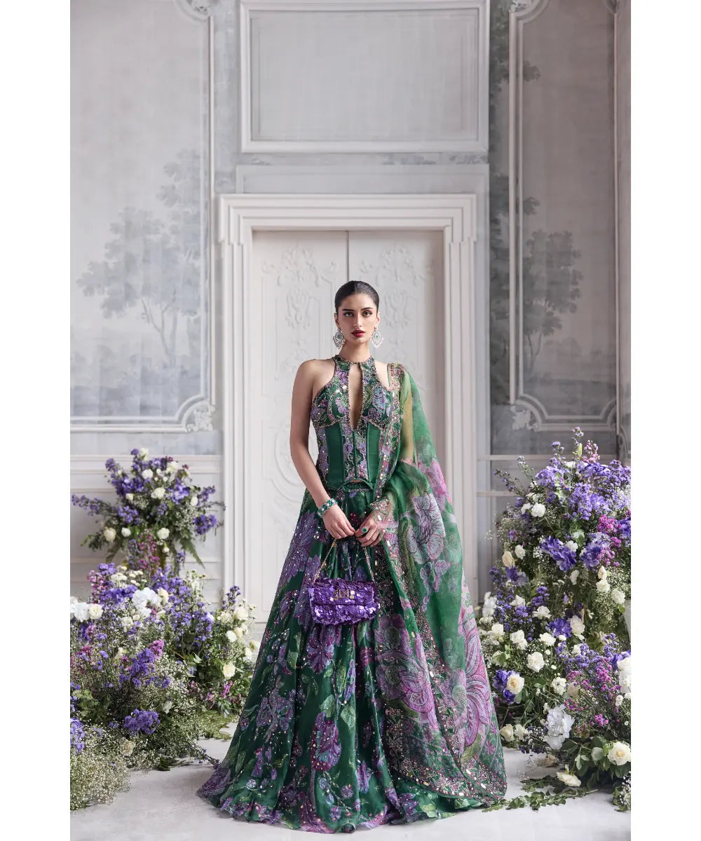 KEY HOLE CORSET TOP PAIRED WITH EMBRODIERED DUPATTA AND LEHENGA - ZUHA