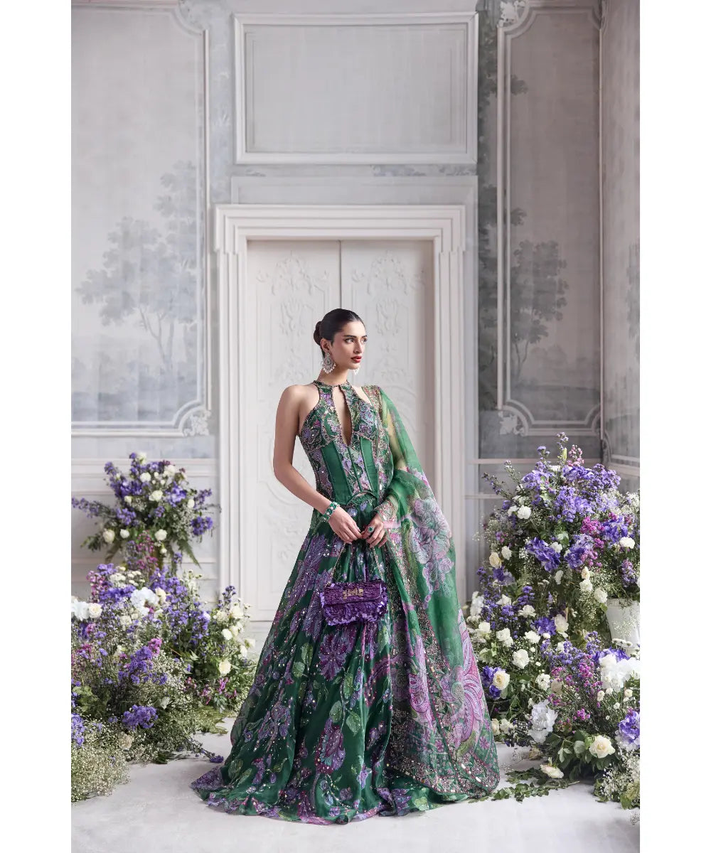 KEY HOLE CORSET TOP PAIRED WITH EMBRODIERED DUPATTA AND LEHENGA - ZUHA