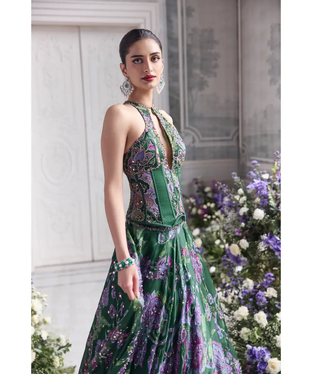 KEY HOLE CORSET TOP PAIRED WITH EMBRODIERED DUPATTA AND LEHENGA - ZUHA