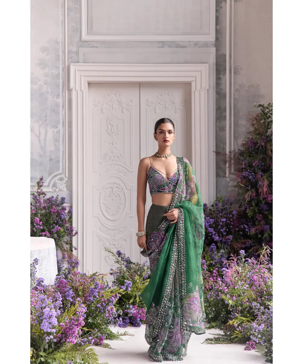 Forest Green Hand Embroidered Pre-Draped Saree - Zumara