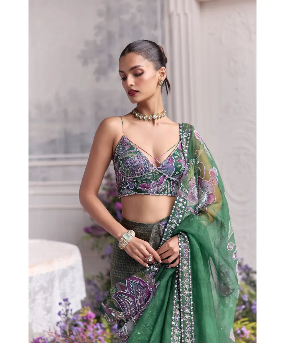 Forest Green Hand Embroidered Pre-Draped Saree - Zumara