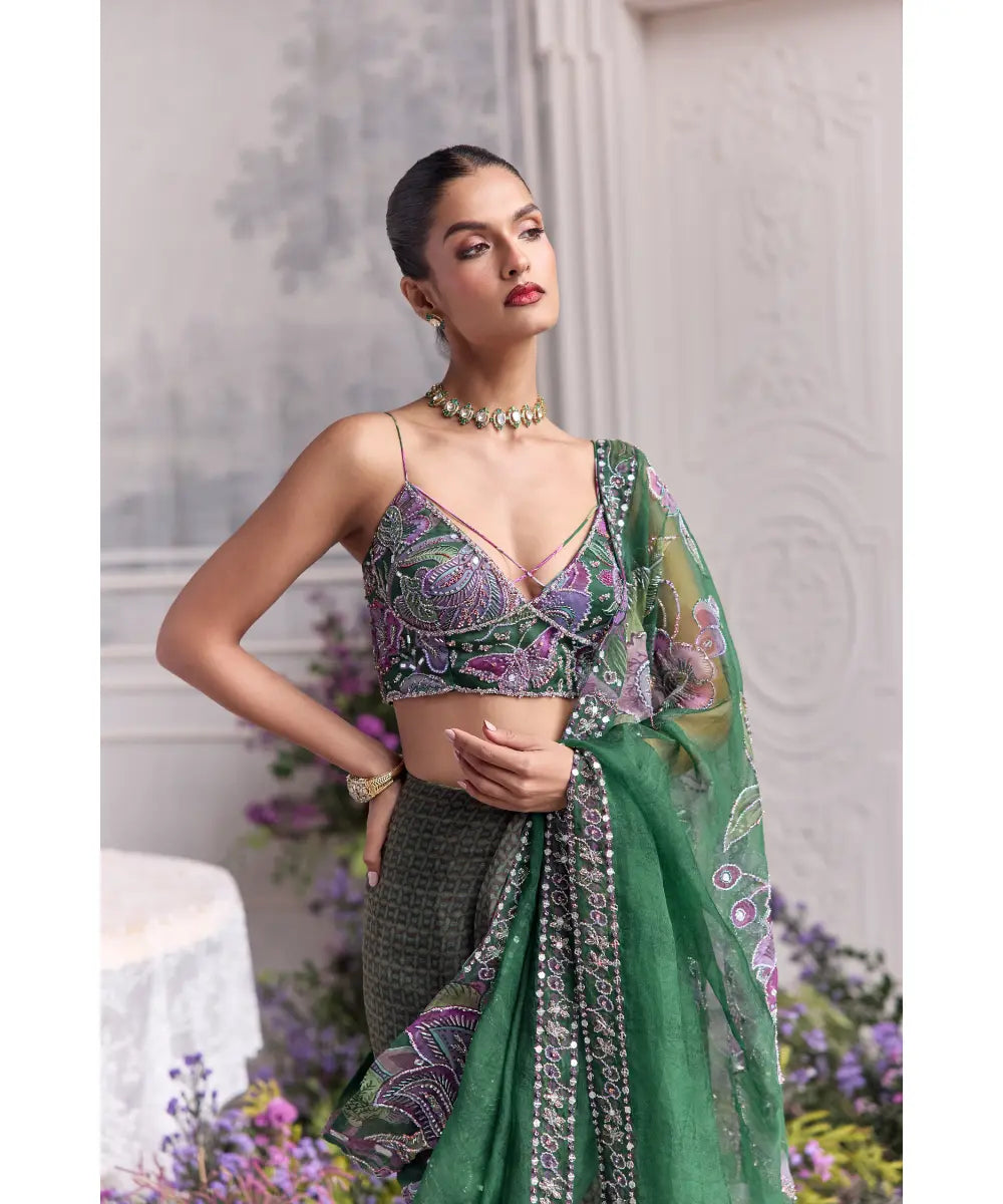 Forest Green Hand Embroidered Pre-Draped Saree - Zumara