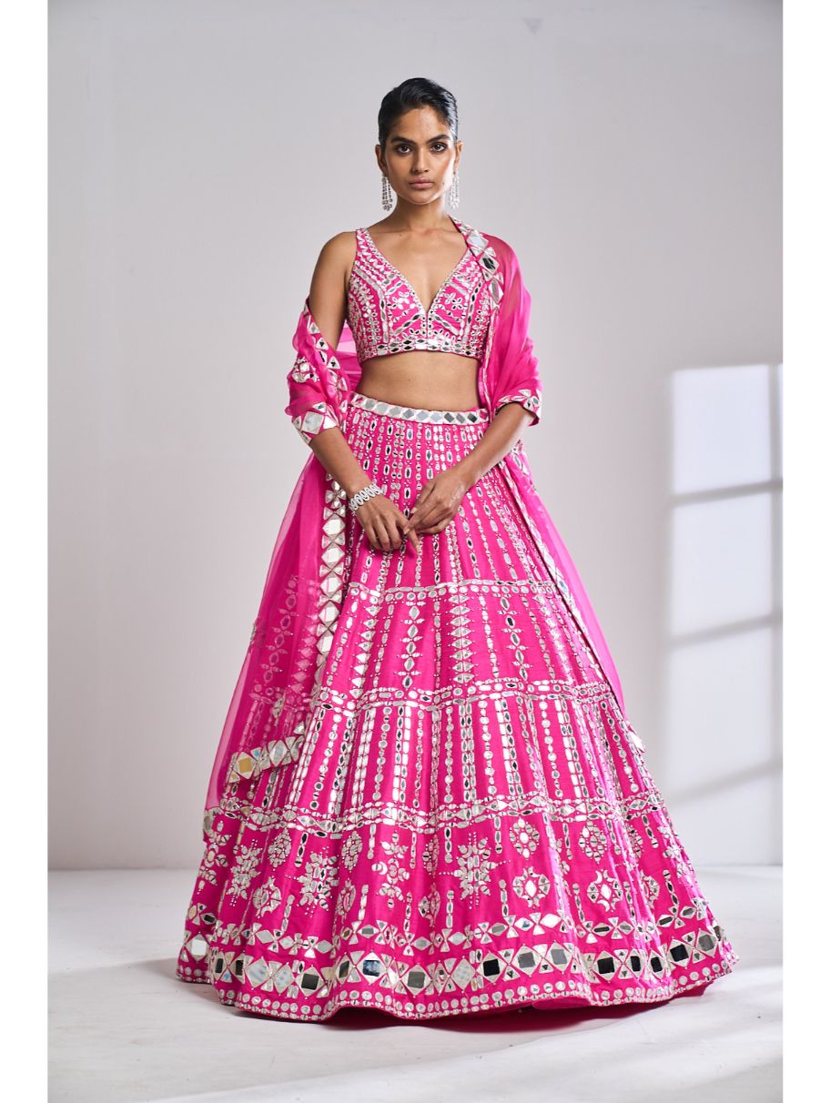 SEEMA GUJRAL – Fuchsia Mirror Work Lehenga Set – Nikaza Asian Couture